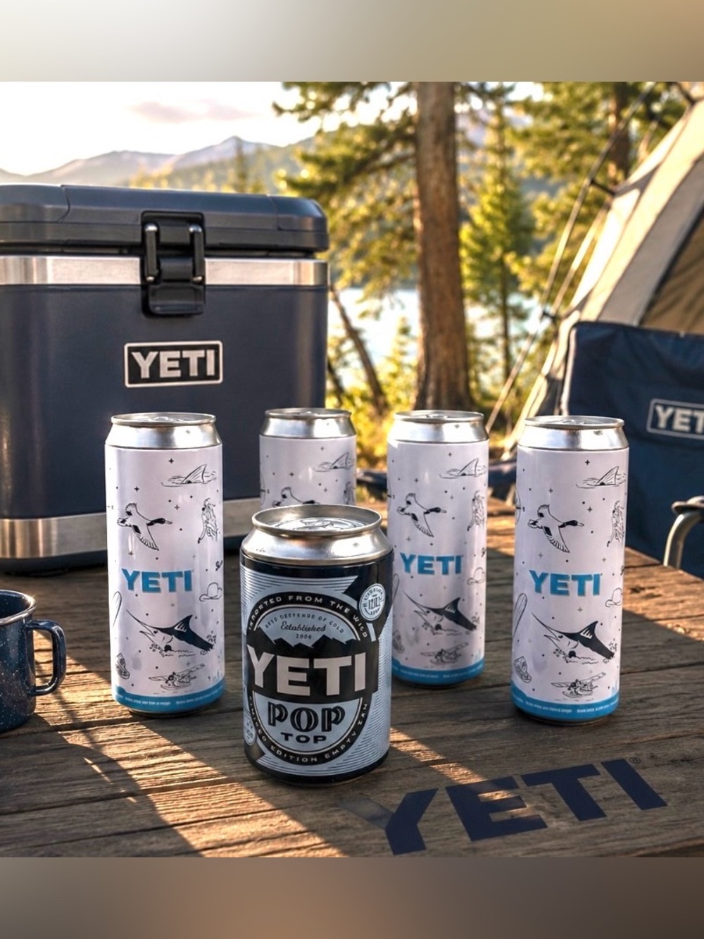 4 YETI Slim Colster Fishing/Hunting Graphics Cans & 1 Pop Top Ltd. Ed. Stash Can